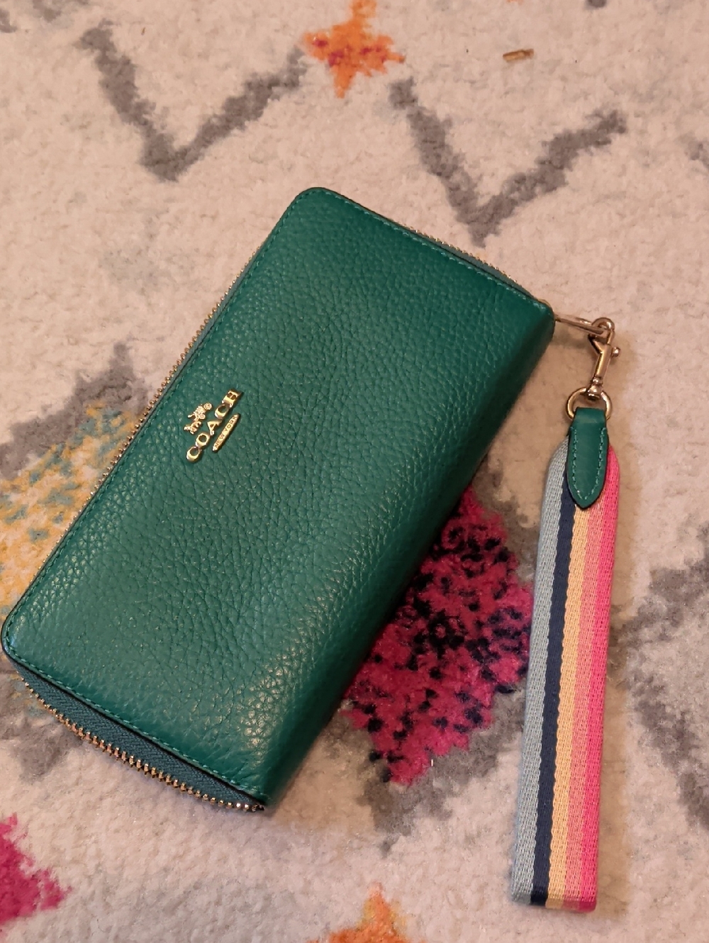 Coach Green Teal Pebbled Leather Zip Wallet with Multicolor Stripe Wristlet